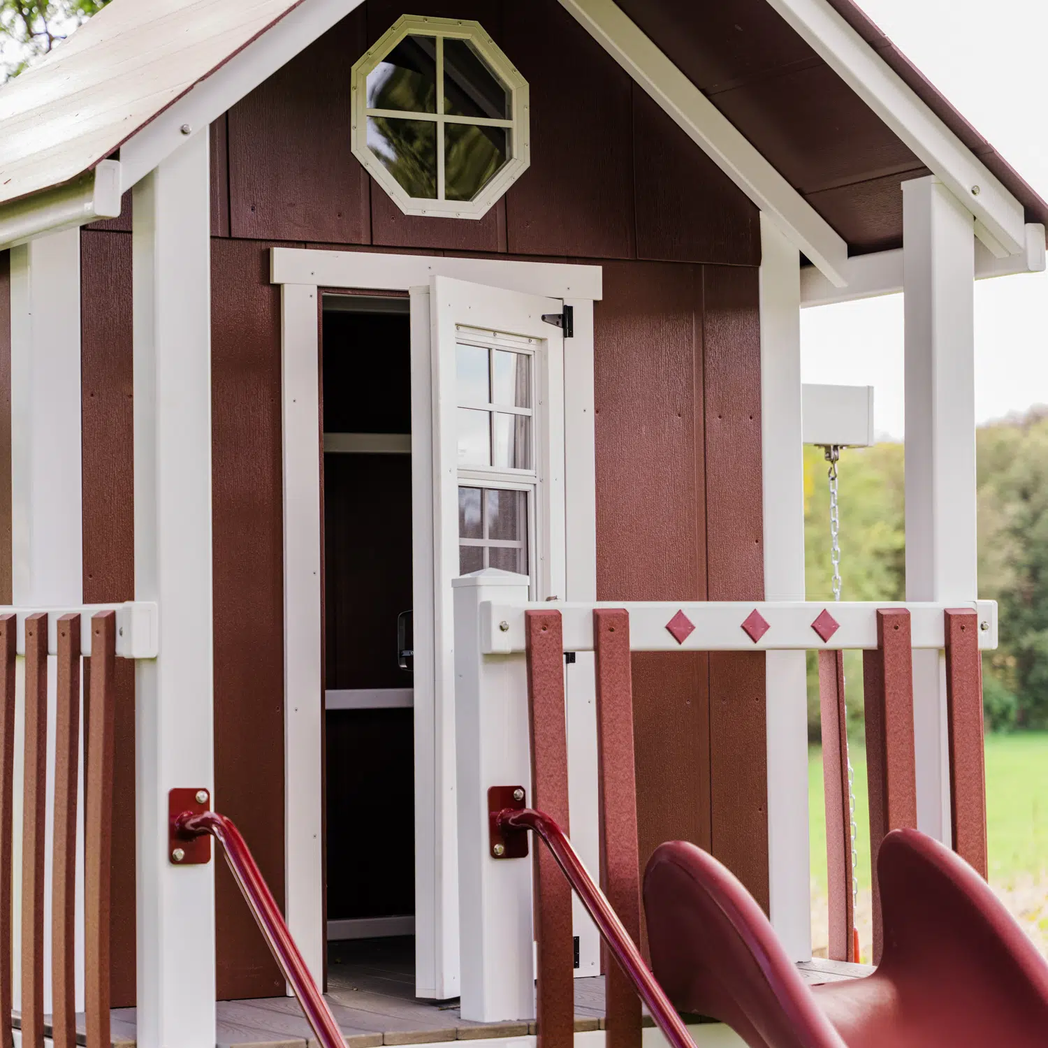 Bright White Vinyl w Red Playhouse, Red Accessories, Red Accents