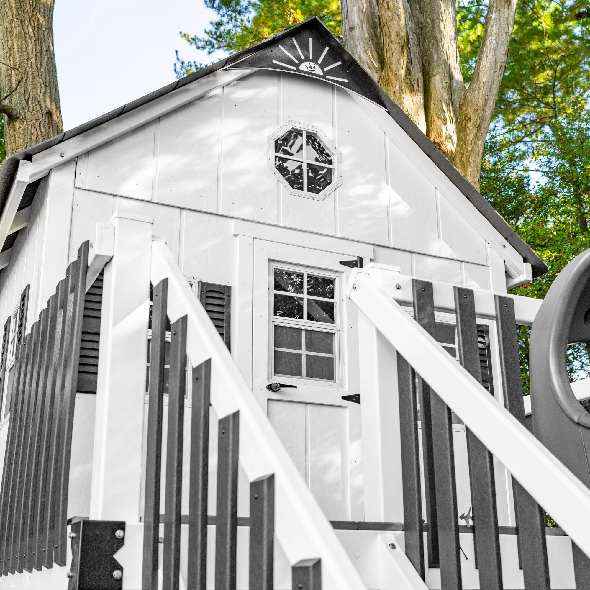 Bright White Vinyl w White Playhouse, Gray Accessories, Black Accents
