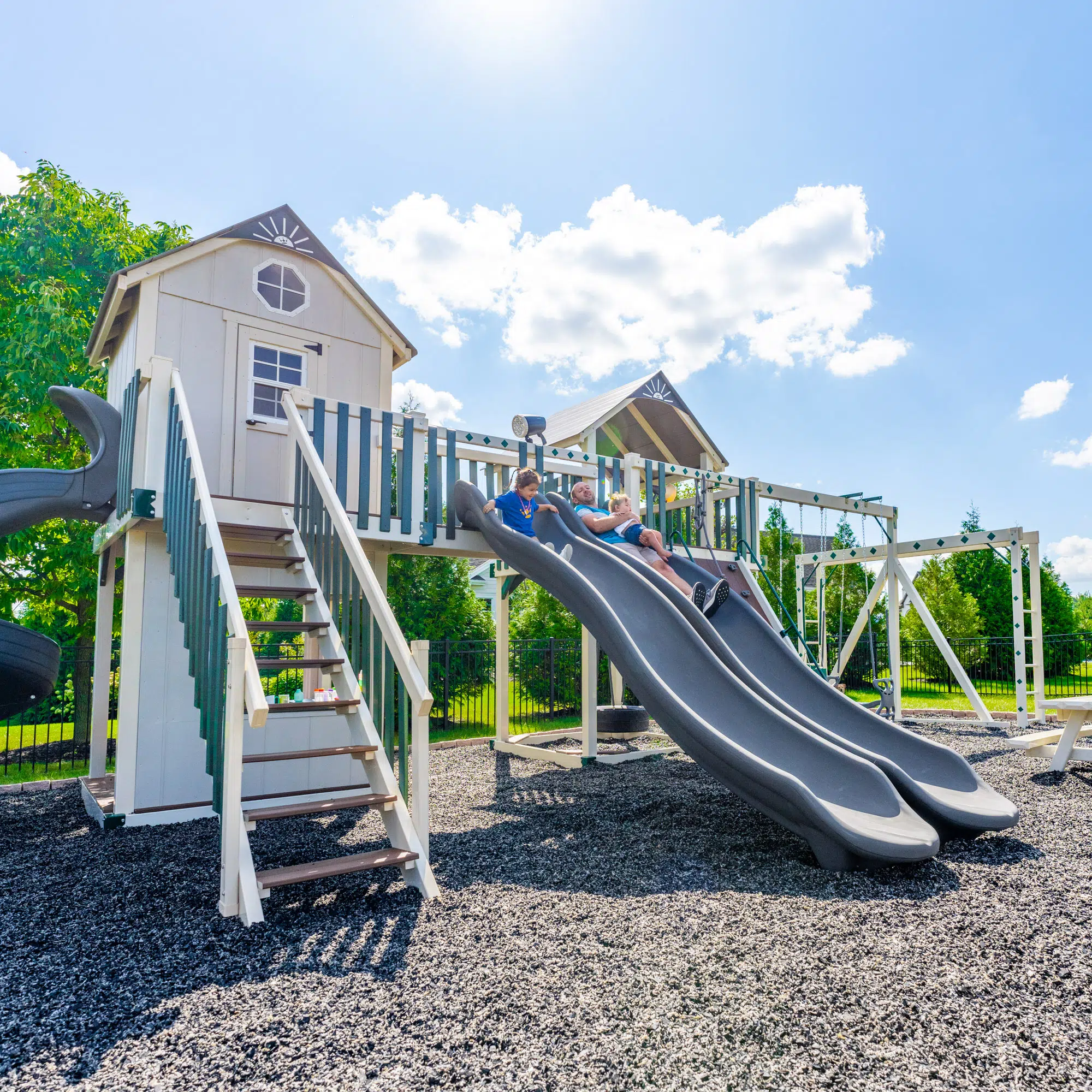 Ivory Vinyl w Ivory Playhouse with Gray Accessories, Gray Roof, and Green Accents