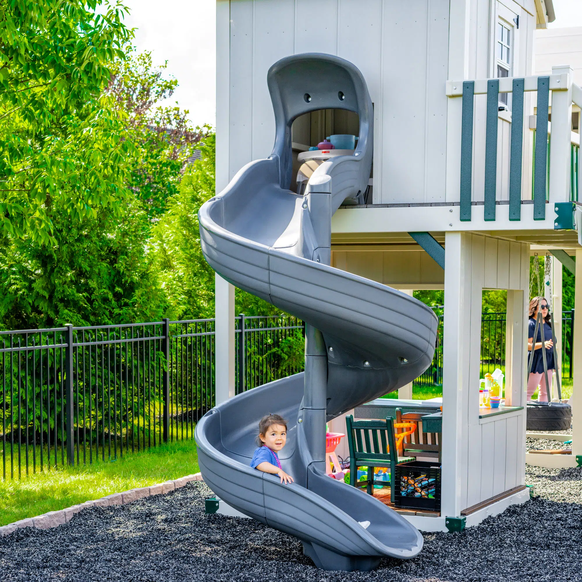 Ivory Vinyl w Ivory Playhouse with Gray Accessories, Gray Roof, and Green Accents
